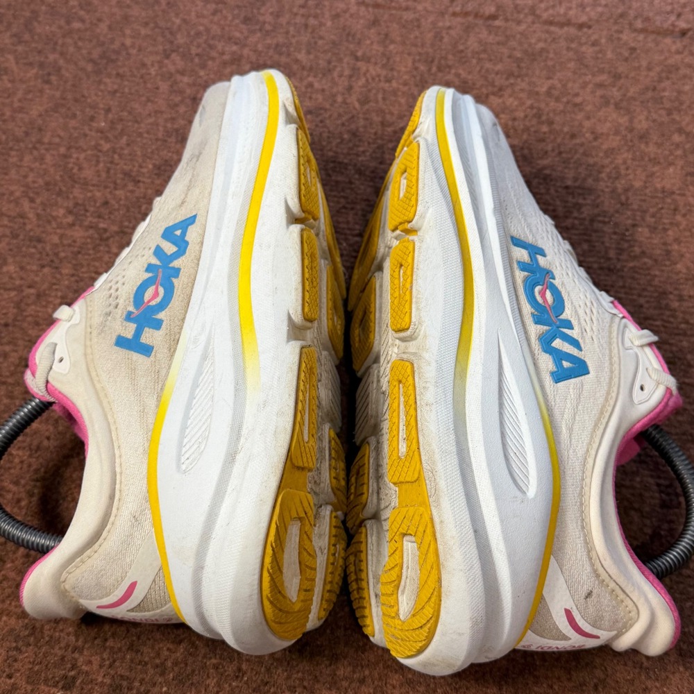 Hoka Bondi 9 Womens Running Shoes 8.5 Alabaster Sea Glass Pink Yellow 1162012 A- - Picture 10 of 11